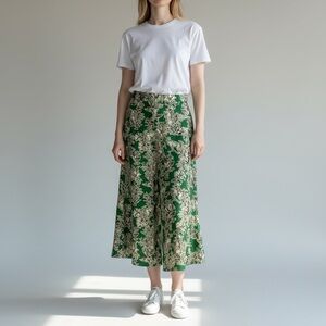 C&C California 100% Linen Wide-Leg Pants – Green Tropical Print